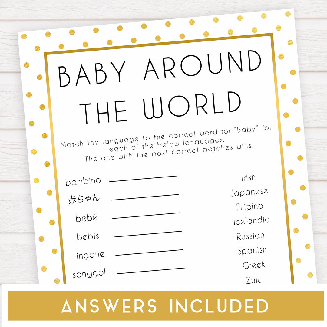 baby around the world, Printable baby shower games, baby gold dots fun baby games, baby shower games, fun baby shower ideas, top baby shower ideas, gold glitter shower baby shower, friends baby shower ideas