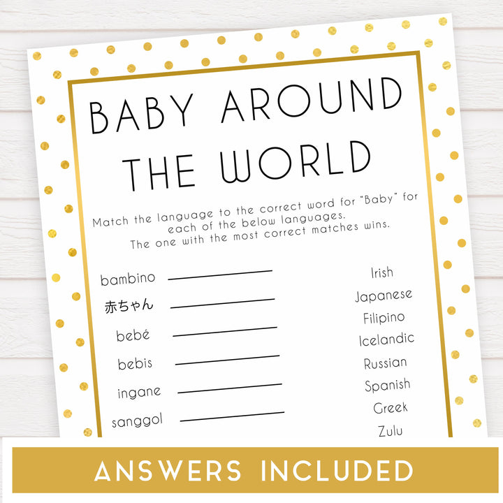 baby around the world, Printable baby shower games, baby gold dots fun baby games, baby shower games, fun baby shower ideas, top baby shower ideas, gold glitter shower baby shower, friends baby shower ideas