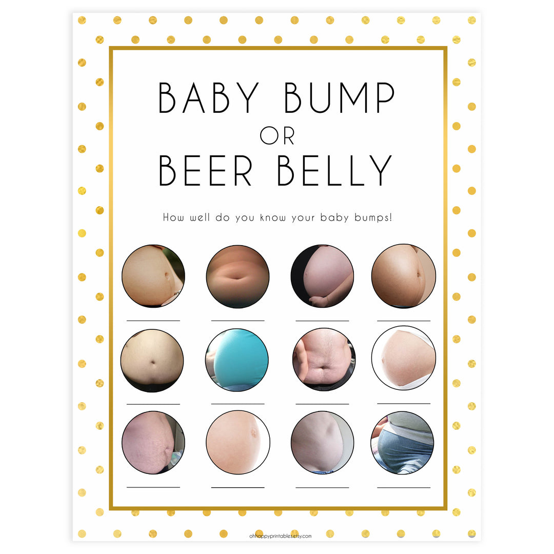 baby bump or beer belly game, Printable baby shower games, baby gold dots fun baby games, baby shower games, fun baby shower ideas, top baby shower ideas, gold glitter shower baby shower, friends baby shower ideas