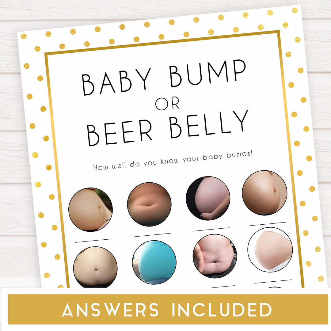 baby bump or beer belly game, Printable baby shower games, baby gold dots fun baby games, baby shower games, fun baby shower ideas, top baby shower ideas, gold glitter shower baby shower, friends baby shower ideas