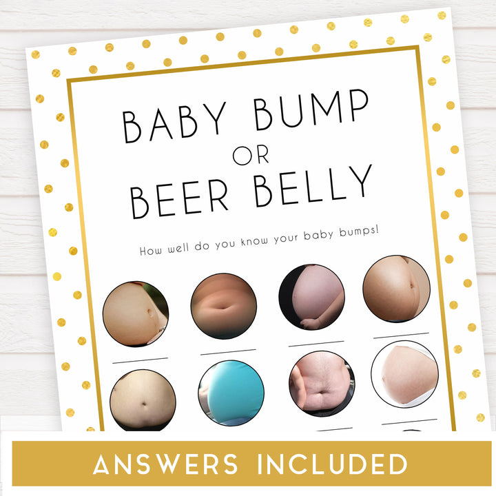 baby bump or beer belly game, Printable baby shower games, baby gold dots fun baby games, baby shower games, fun baby shower ideas, top baby shower ideas, gold glitter shower baby shower, friends baby shower ideas
