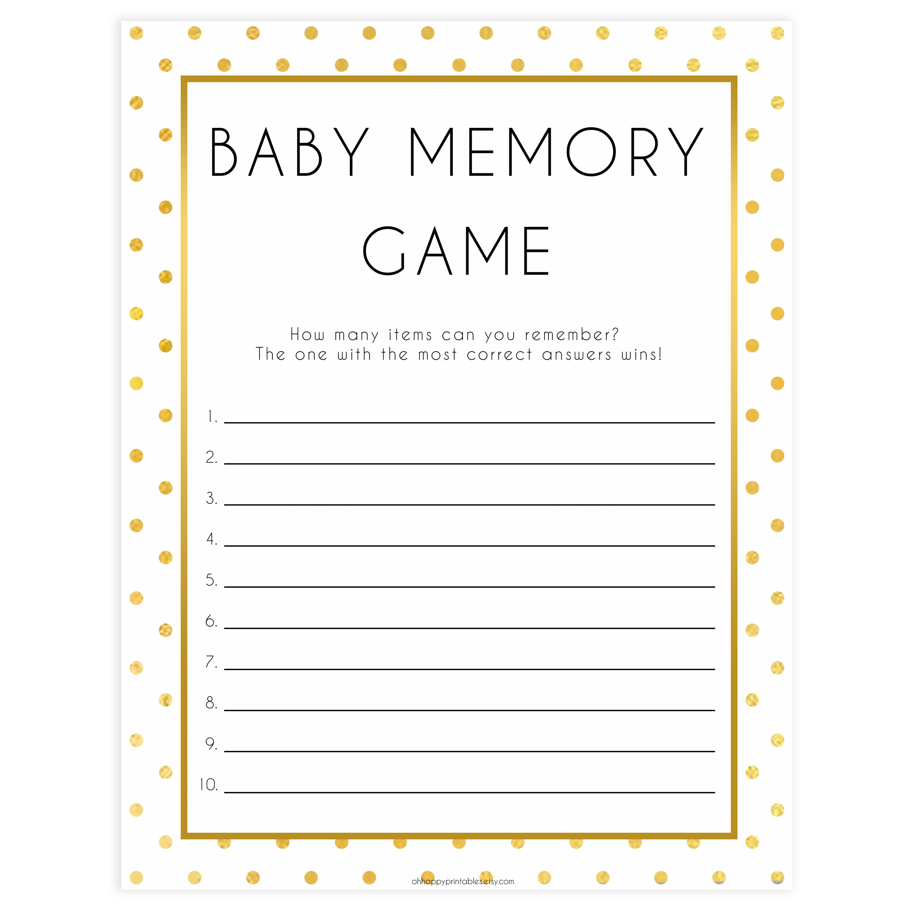 baby memory game, baby memory list, Printable baby shower games, baby gold dots fun baby games, baby shower games, fun baby shower ideas, top baby shower ideas, gold glitter shower baby shower, friends baby shower ideas