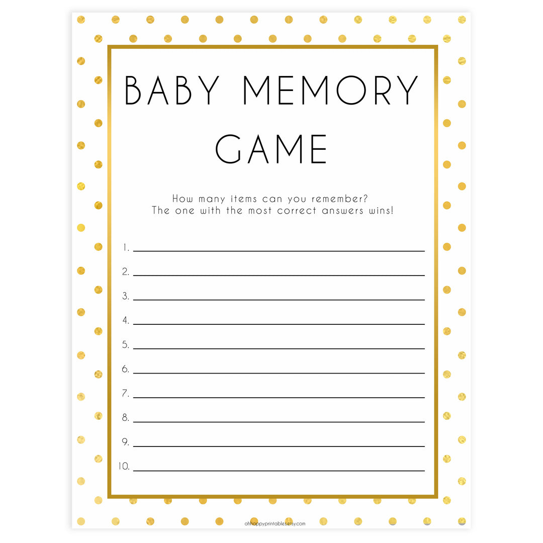 baby memory game, baby memory list, Printable baby shower games, baby gold dots fun baby games, baby shower games, fun baby shower ideas, top baby shower ideas, gold glitter shower baby shower, friends baby shower ideas