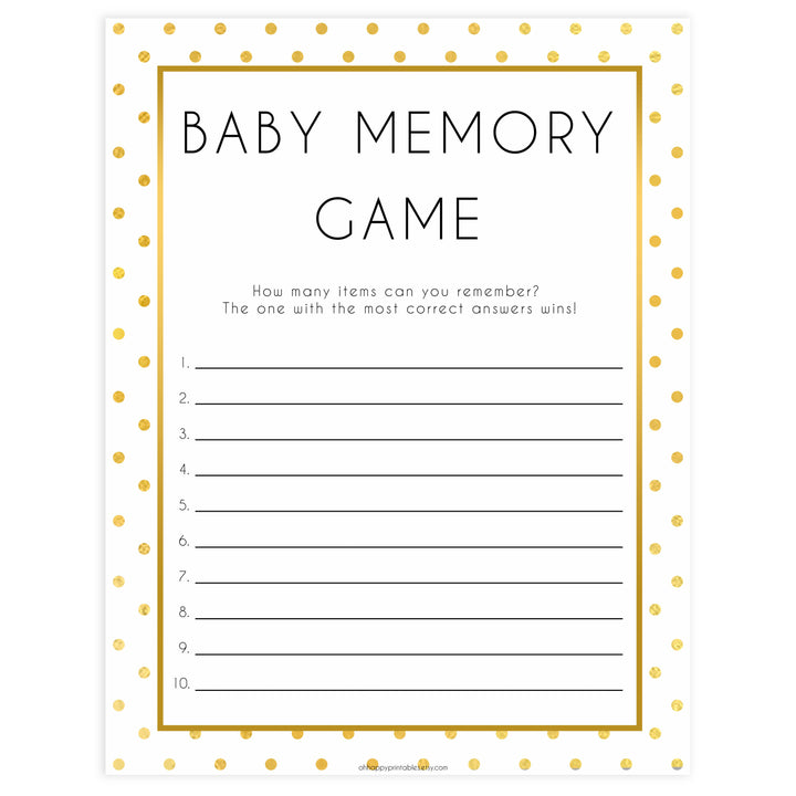baby memory game, baby memory list, Printable baby shower games, baby gold dots fun baby games, baby shower games, fun baby shower ideas, top baby shower ideas, gold glitter shower baby shower, friends baby shower ideas