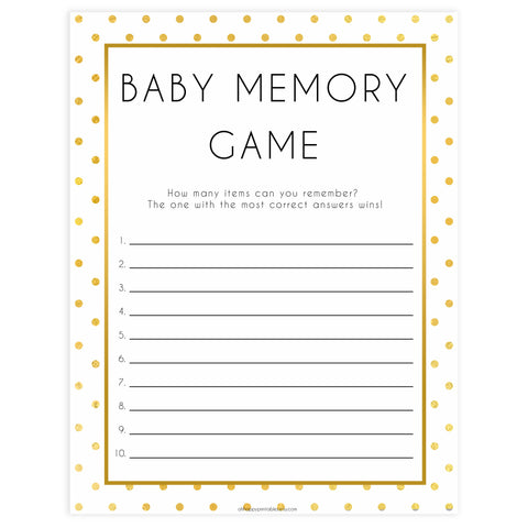 baby memory game, baby memory list, Printable baby shower games, baby gold dots fun baby games, baby shower games, fun baby shower ideas, top baby shower ideas, gold glitter shower baby shower, friends baby shower ideas