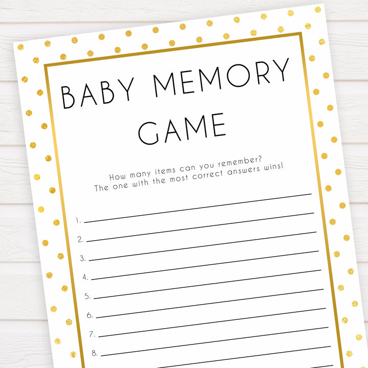 baby memory game, baby memory list, Printable baby shower games, baby gold dots fun baby games, baby shower games, fun baby shower ideas, top baby shower ideas, gold glitter shower baby shower, friends baby shower ideas