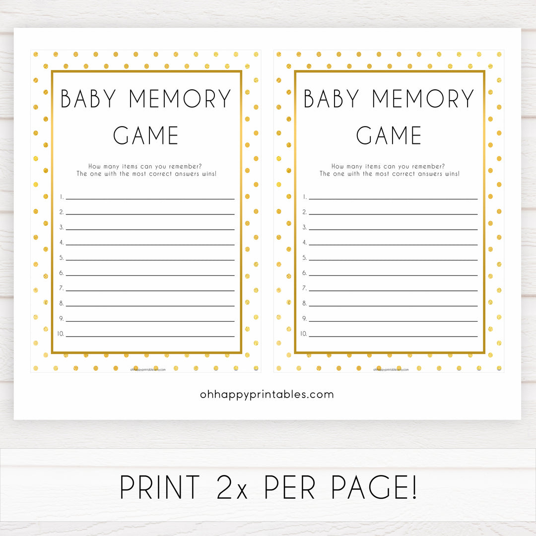 baby memory game, baby memory list, Printable baby shower games, baby gold dots fun baby games, baby shower games, fun baby shower ideas, top baby shower ideas, gold glitter shower baby shower, friends baby shower ideas