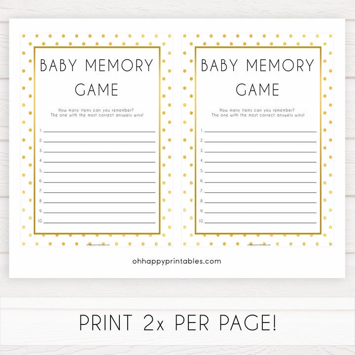 baby memory game, baby memory list, Printable baby shower games, baby gold dots fun baby games, baby shower games, fun baby shower ideas, top baby shower ideas, gold glitter shower baby shower, friends baby shower ideas