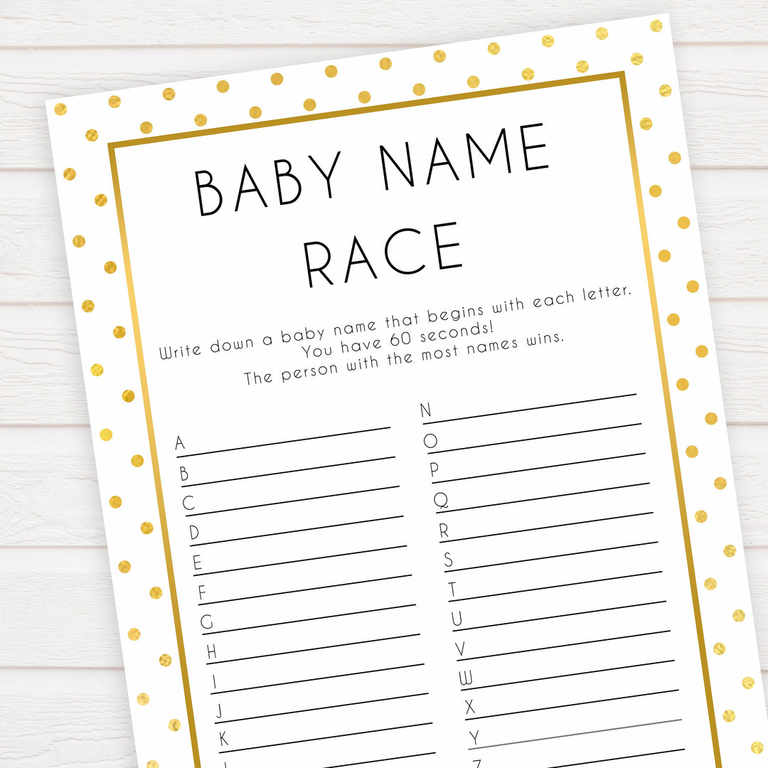 baby name race game, baby name race, Printable baby shower games, baby gold dots fun baby games, baby shower games, fun baby shower ideas, top baby shower ideas, gold glitter shower baby shower, friends baby shower ideas