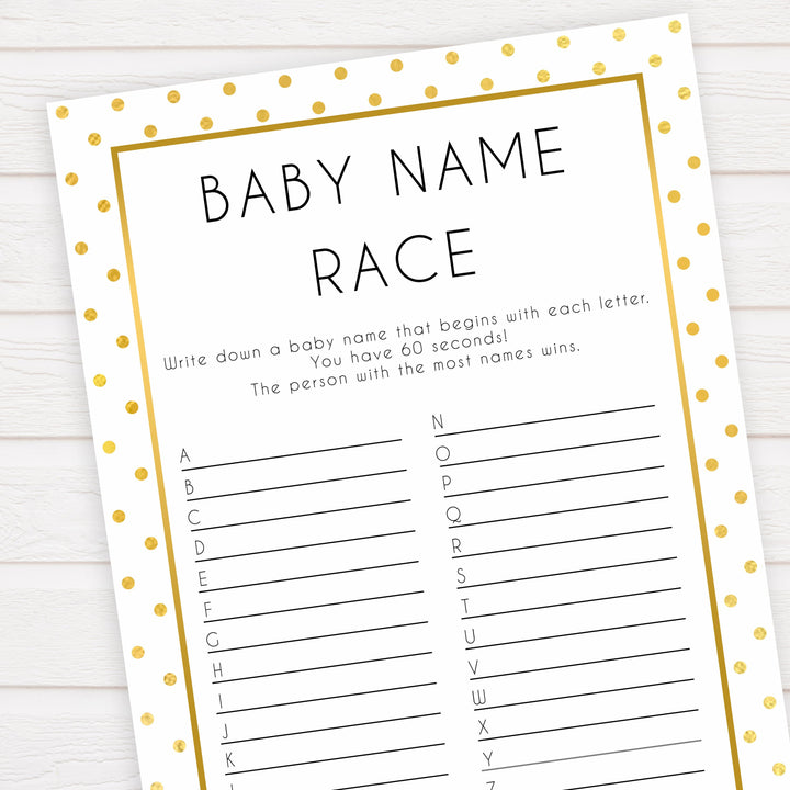 baby name race game, baby name race, Printable baby shower games, baby gold dots fun baby games, baby shower games, fun baby shower ideas, top baby shower ideas, gold glitter shower baby shower, friends baby shower ideas