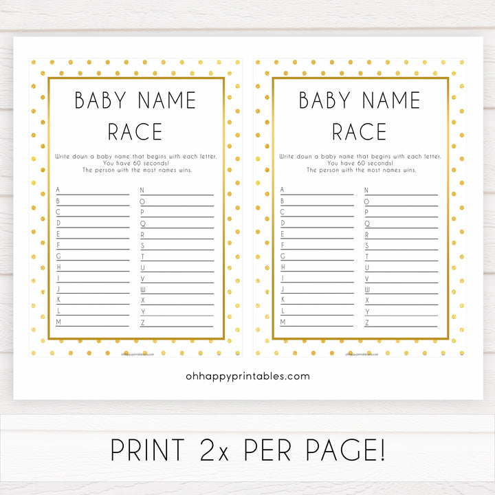 baby name race game, baby name race, Printable baby shower games, baby gold dots fun baby games, baby shower games, fun baby shower ideas, top baby shower ideas, gold glitter shower baby shower, friends baby shower ideas