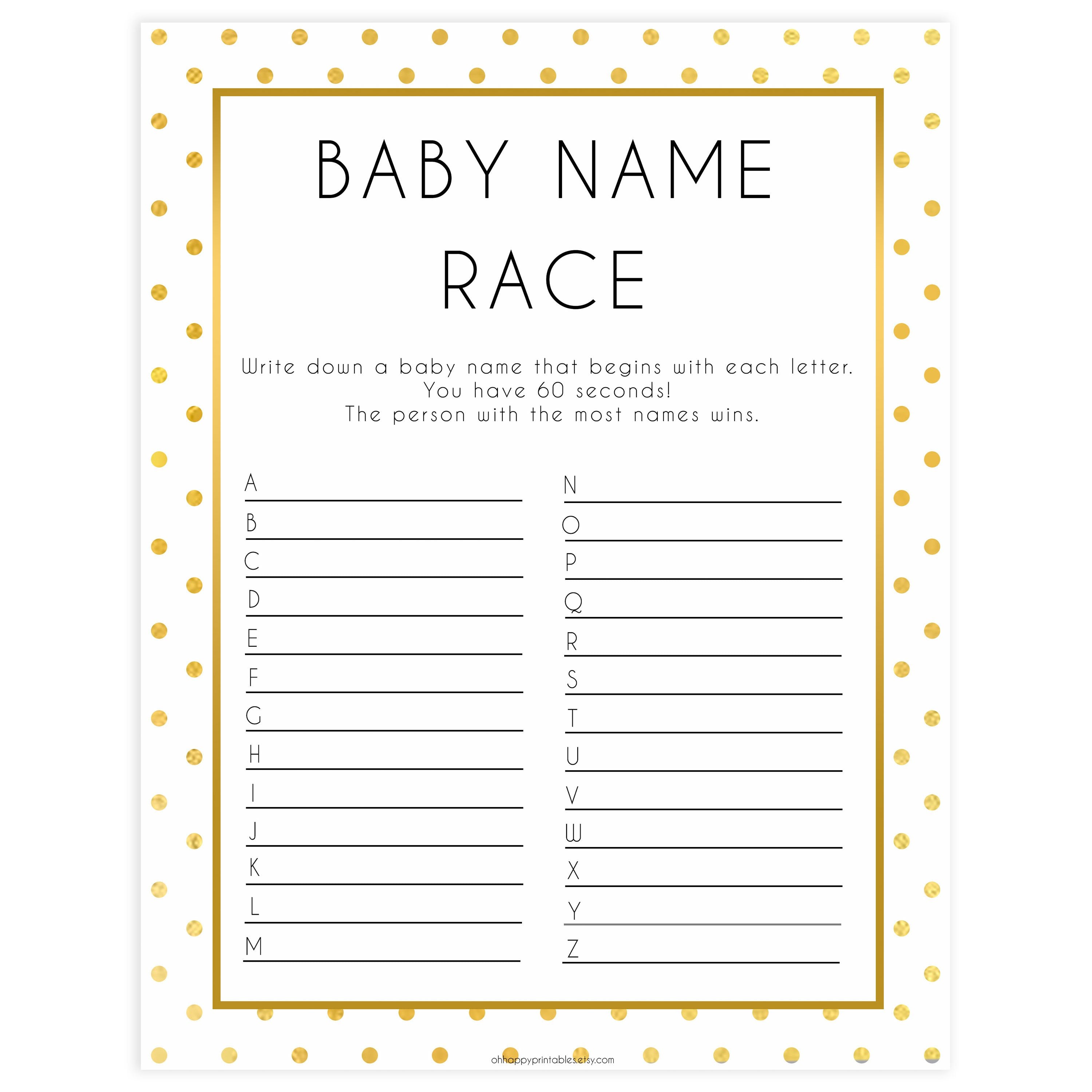 baby name race game, baby name race, Printable baby shower games, baby gold dots fun baby games, baby shower games, fun baby shower ideas, top baby shower ideas, gold glitter shower baby shower, friends baby shower ideas