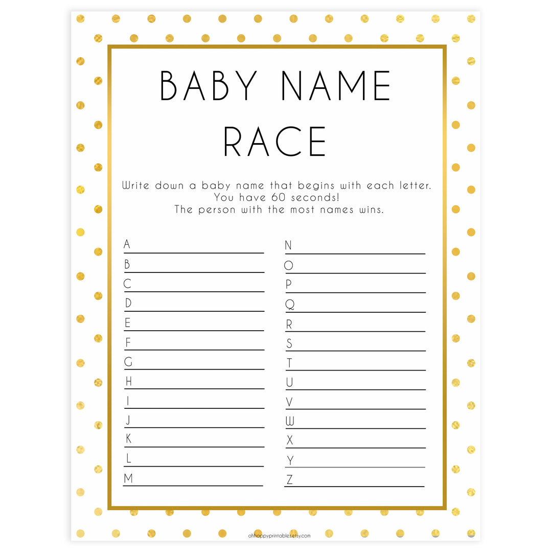 baby name race game, baby name race, Printable baby shower games, baby gold dots fun baby games, baby shower games, fun baby shower ideas, top baby shower ideas, gold glitter shower baby shower, friends baby shower ideas