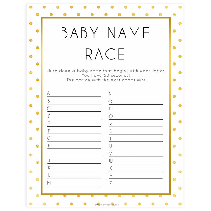 baby name race game, baby name race, Printable baby shower games, baby gold dots fun baby games, baby shower games, fun baby shower ideas, top baby shower ideas, gold glitter shower baby shower, friends baby shower ideas