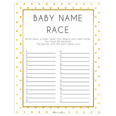 baby name race game, baby name race, Printable baby shower games, baby gold dots fun baby games, baby shower games, fun baby shower ideas, top baby shower ideas, gold glitter shower baby shower, friends baby shower ideas