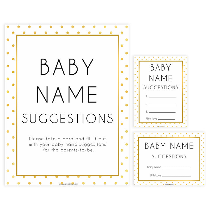 baby name suggestions game, Printable baby shower games, baby gold dots fun baby games, baby shower games, fun baby shower ideas, top baby shower ideas, gold glitter shower baby shower, friends baby shower ideas