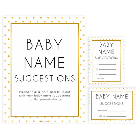baby name suggestions game, Printable baby shower games, baby gold dots fun baby games, baby shower games, fun baby shower ideas, top baby shower ideas, gold glitter shower baby shower, friends baby shower ideas