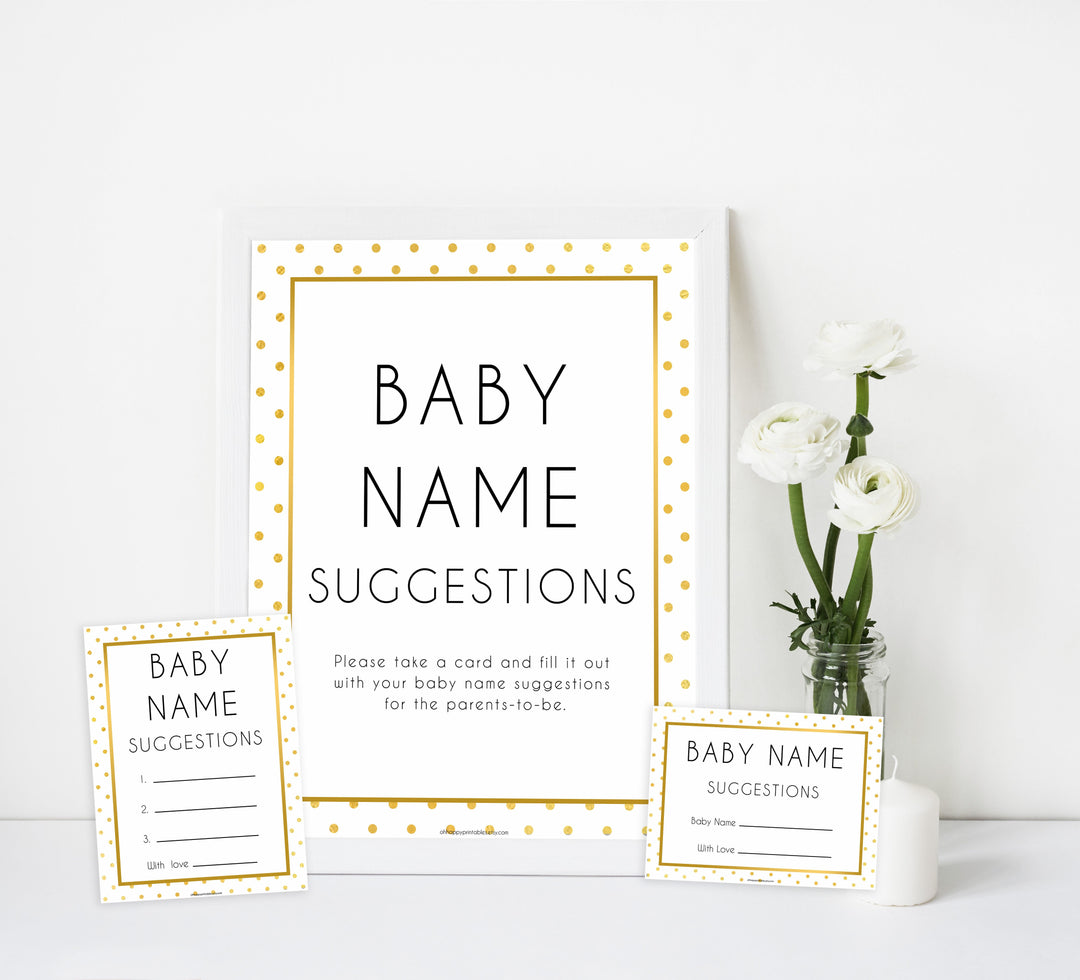 baby name suggestions game, Printable baby shower games, baby gold dots fun baby games, baby shower games, fun baby shower ideas, top baby shower ideas, gold glitter shower baby shower, friends baby shower ideas