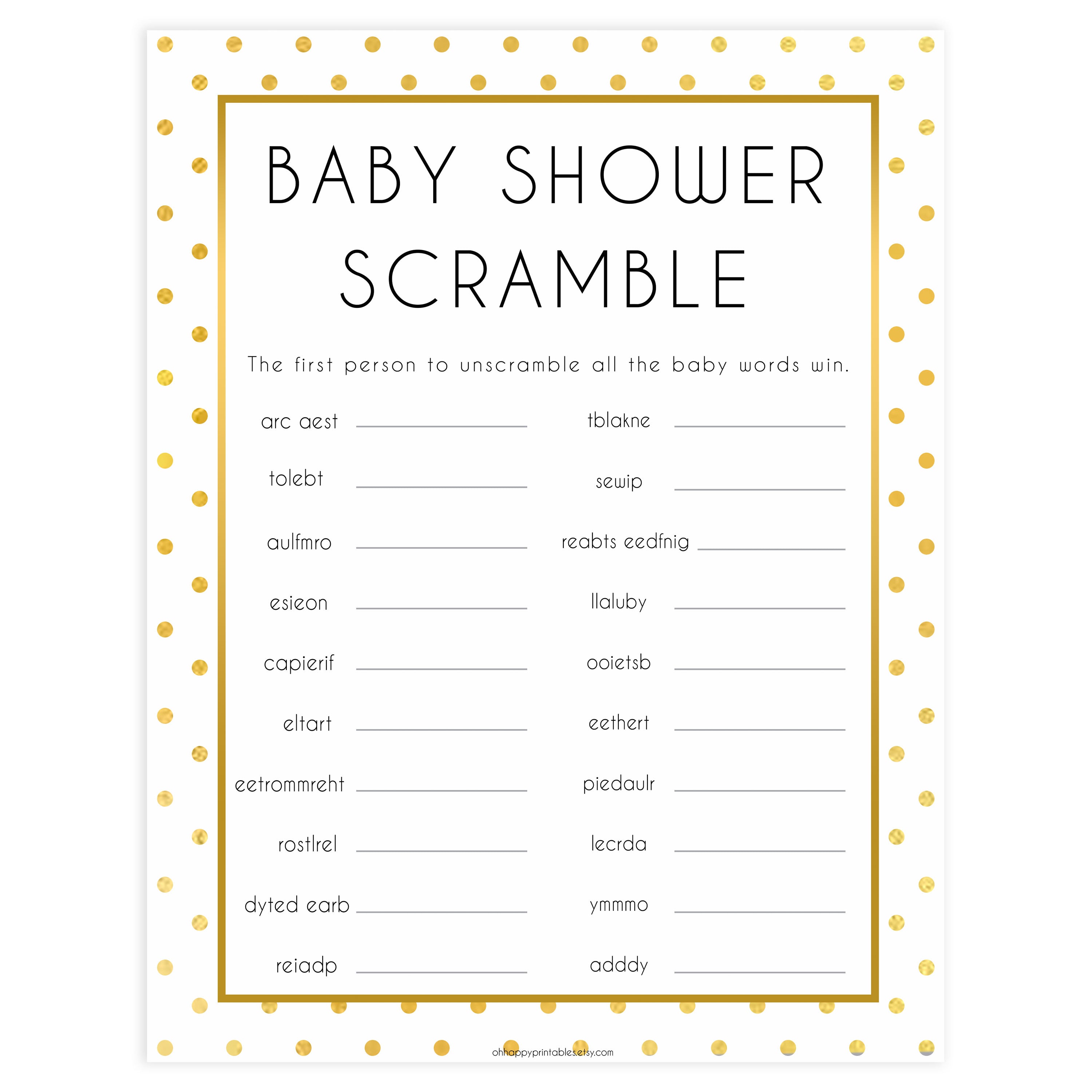 baby shower scramble, baby word scramble, Printable baby shower games, baby gold dots fun baby games, baby shower games, fun baby shower ideas, top baby shower ideas, gold glitter shower baby shower, friends baby shower ideas