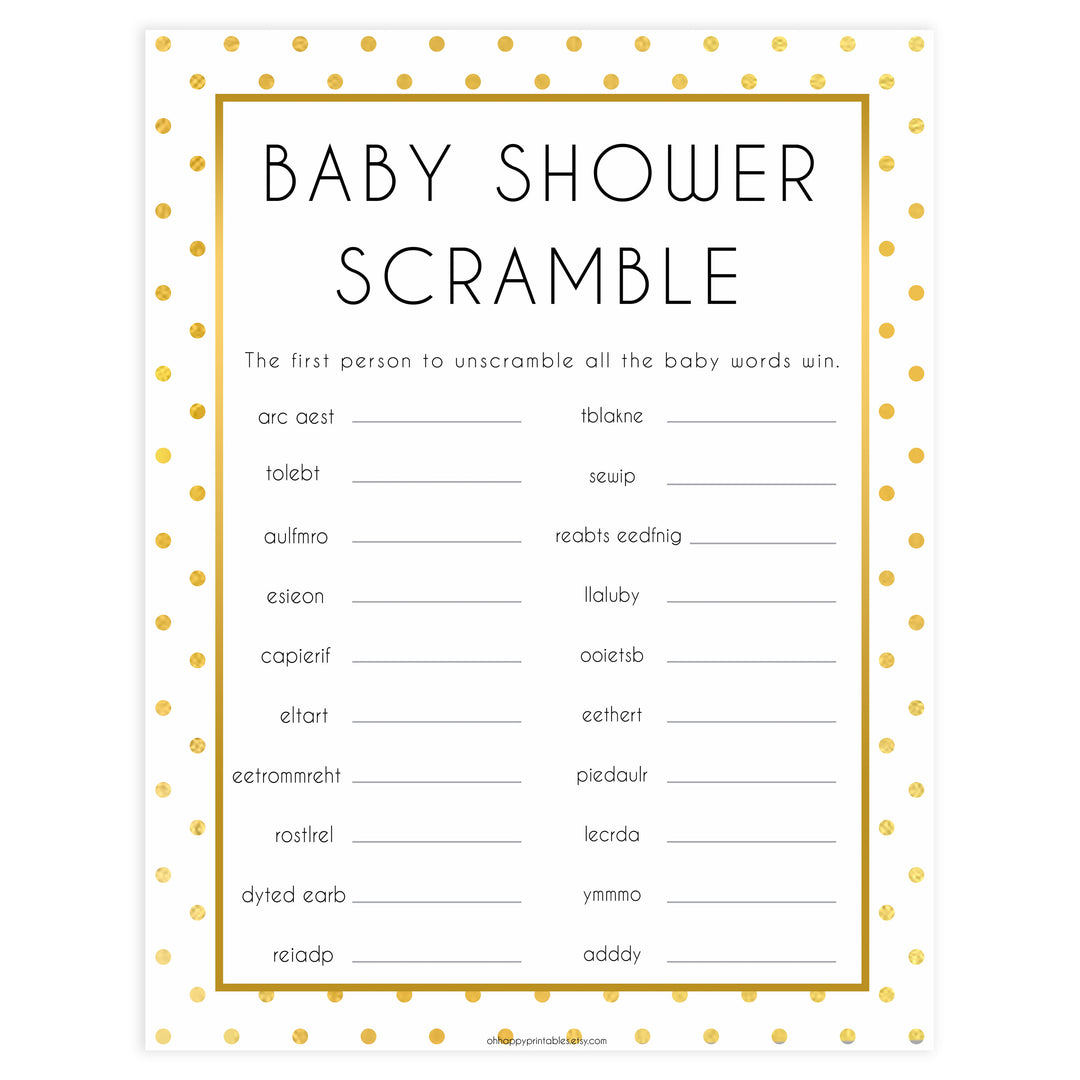 baby shower scramble, baby word scramble, Printable baby shower games, baby gold dots fun baby games, baby shower games, fun baby shower ideas, top baby shower ideas, gold glitter shower baby shower, friends baby shower ideas