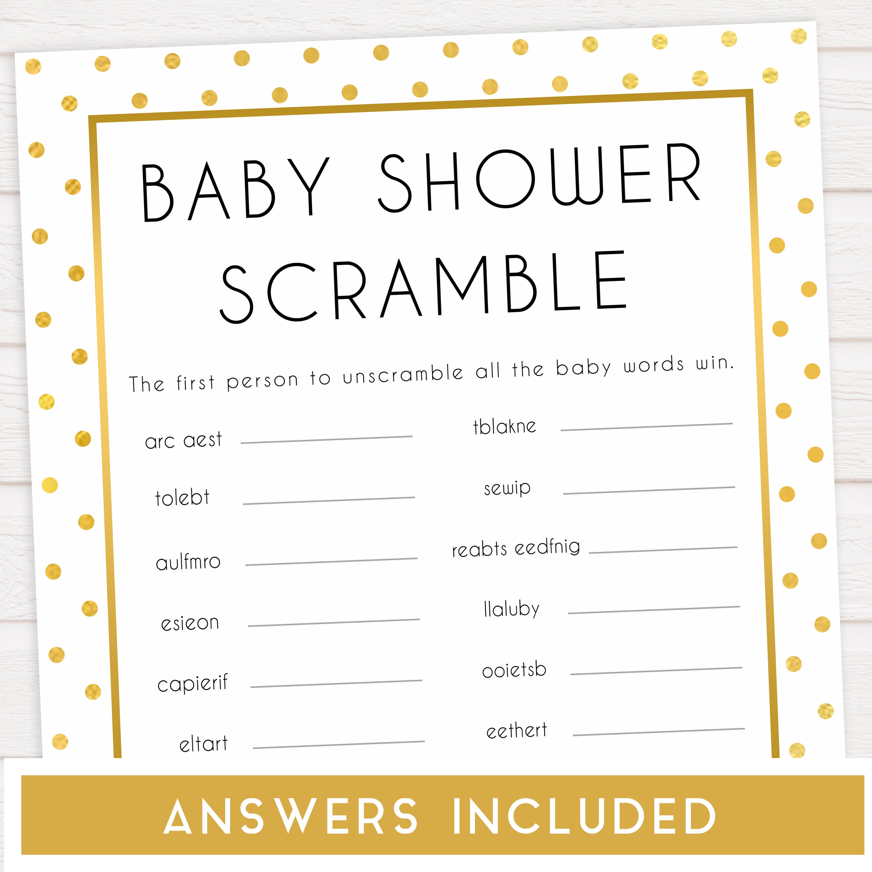baby shower scramble, baby word scramble, Printable baby shower games, baby gold dots fun baby games, baby shower games, fun baby shower ideas, top baby shower ideas, gold glitter shower baby shower, friends baby shower ideas