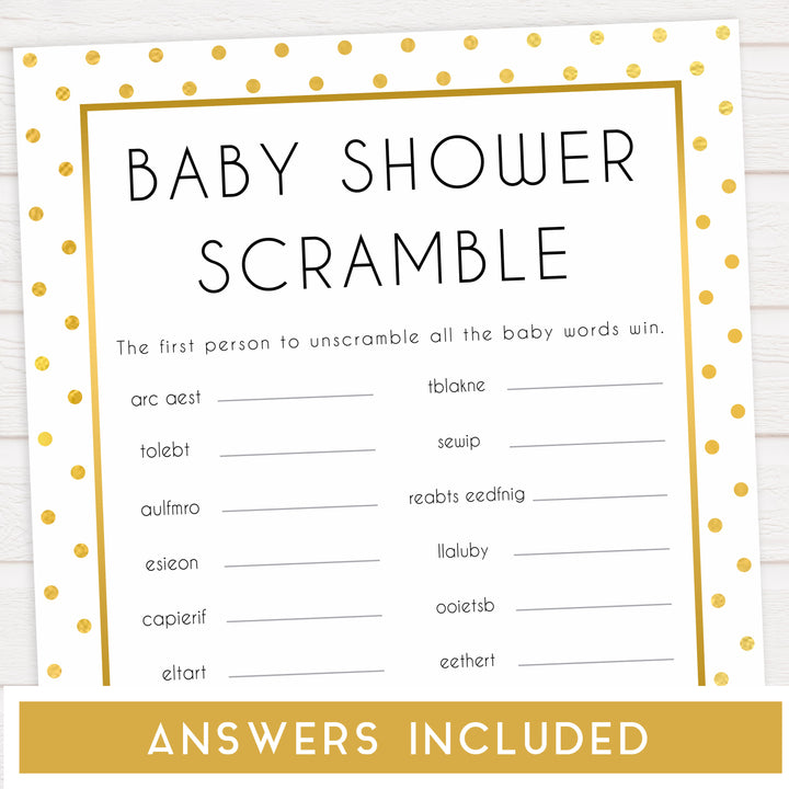 baby shower scramble, baby word scramble, Printable baby shower games, baby gold dots fun baby games, baby shower games, fun baby shower ideas, top baby shower ideas, gold glitter shower baby shower, friends baby shower ideas