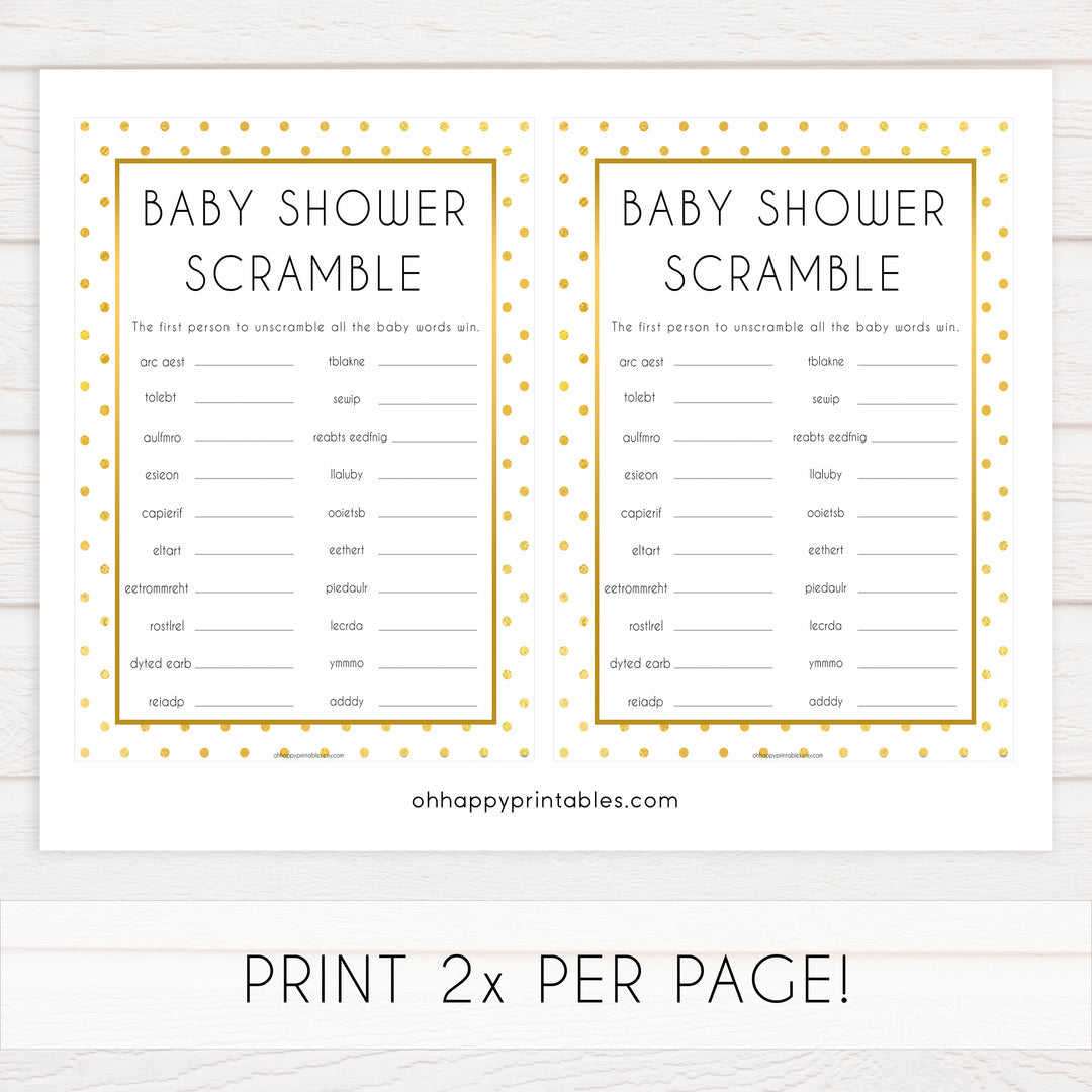 baby shower scramble, baby word scramble, Printable baby shower games, baby gold dots fun baby games, baby shower games, fun baby shower ideas, top baby shower ideas, gold glitter shower baby shower, friends baby shower ideas