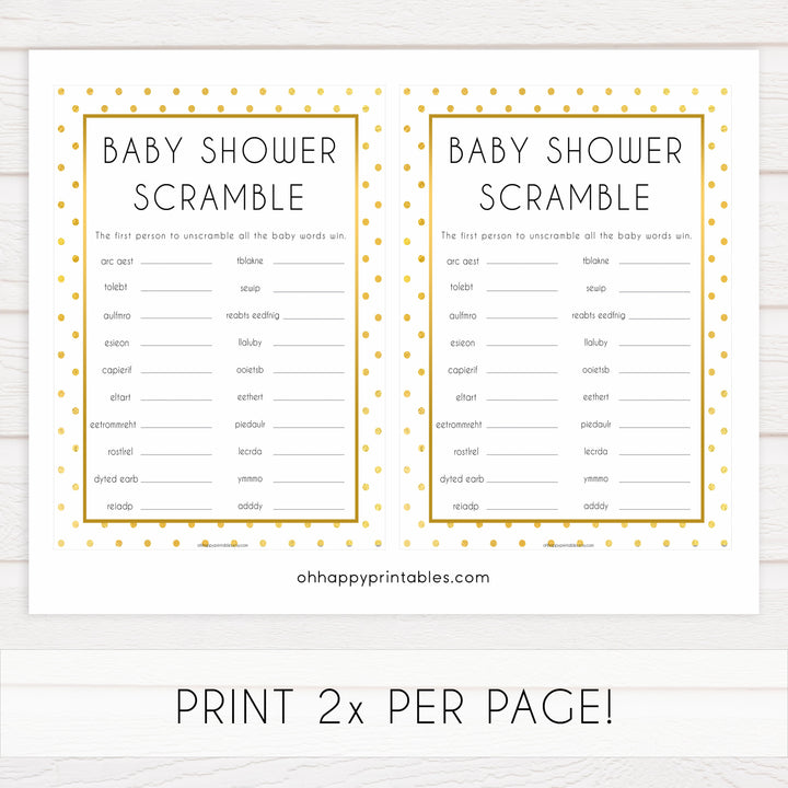 baby shower scramble, baby word scramble, Printable baby shower games, baby gold dots fun baby games, baby shower games, fun baby shower ideas, top baby shower ideas, gold glitter shower baby shower, friends baby shower ideas