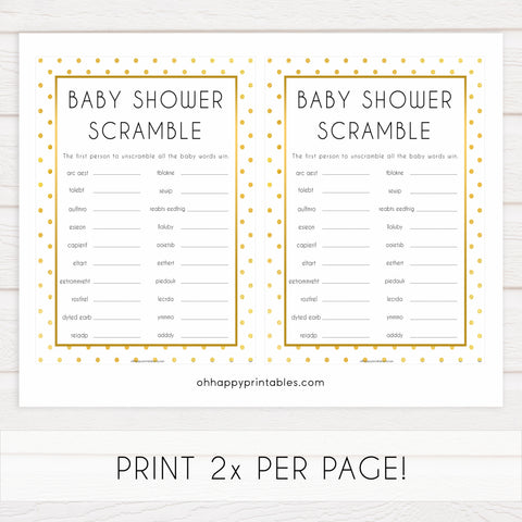 baby shower scramble, baby word scramble, Printable baby shower games, baby gold dots fun baby games, baby shower games, fun baby shower ideas, top baby shower ideas, gold glitter shower baby shower, friends baby shower ideas