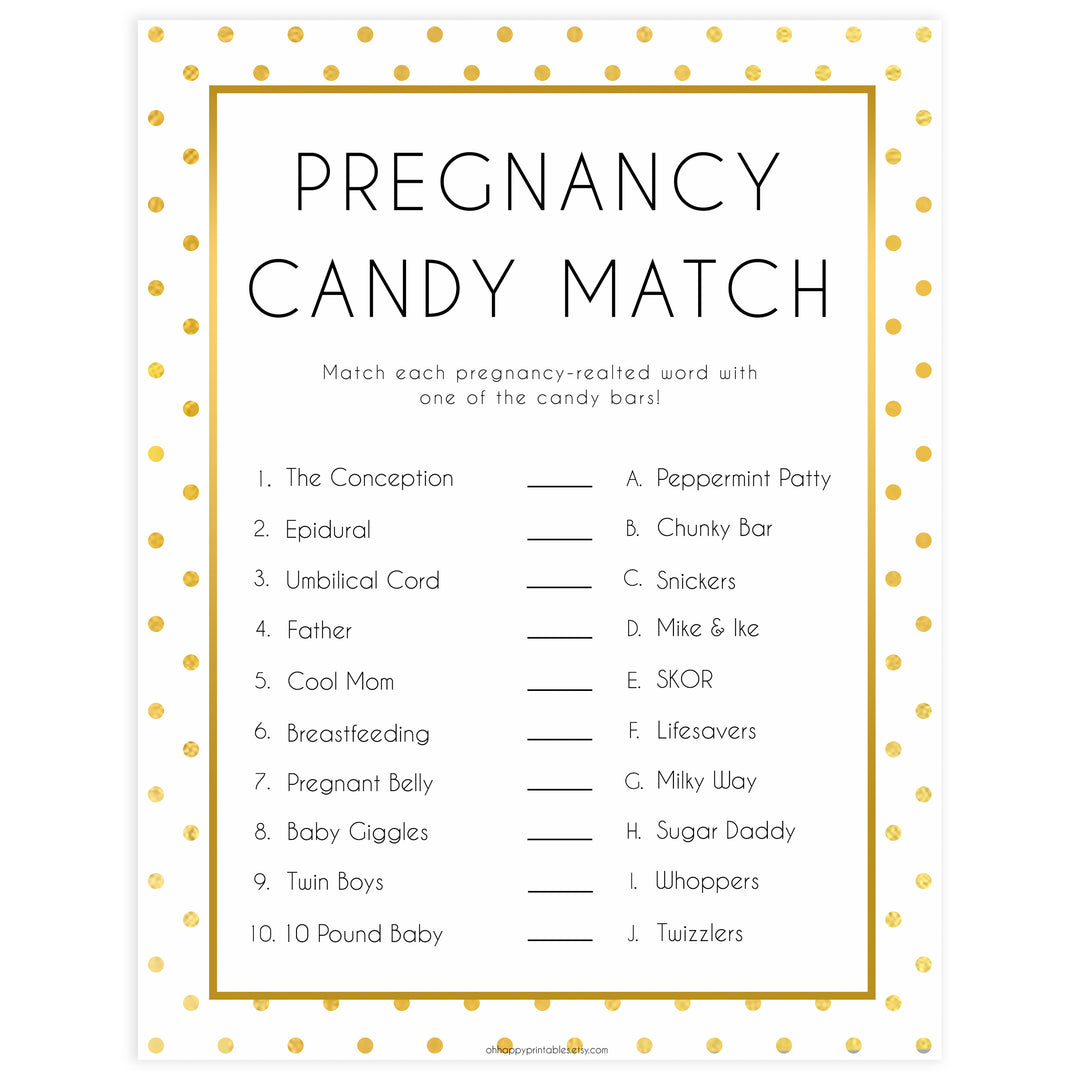 pregnancy candy match game,  Printable baby shower games, baby gold dots fun baby games, baby shower games, fun baby shower ideas, top baby shower ideas, gold glitter shower baby shower, friends baby shower ideas