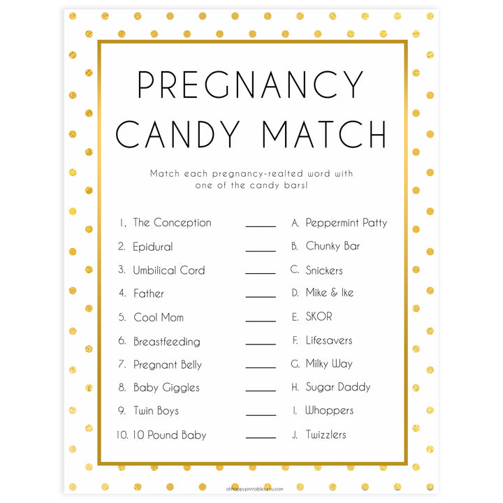 pregnancy candy match game,  Printable baby shower games, baby gold dots fun baby games, baby shower games, fun baby shower ideas, top baby shower ideas, gold glitter shower baby shower, friends baby shower ideas