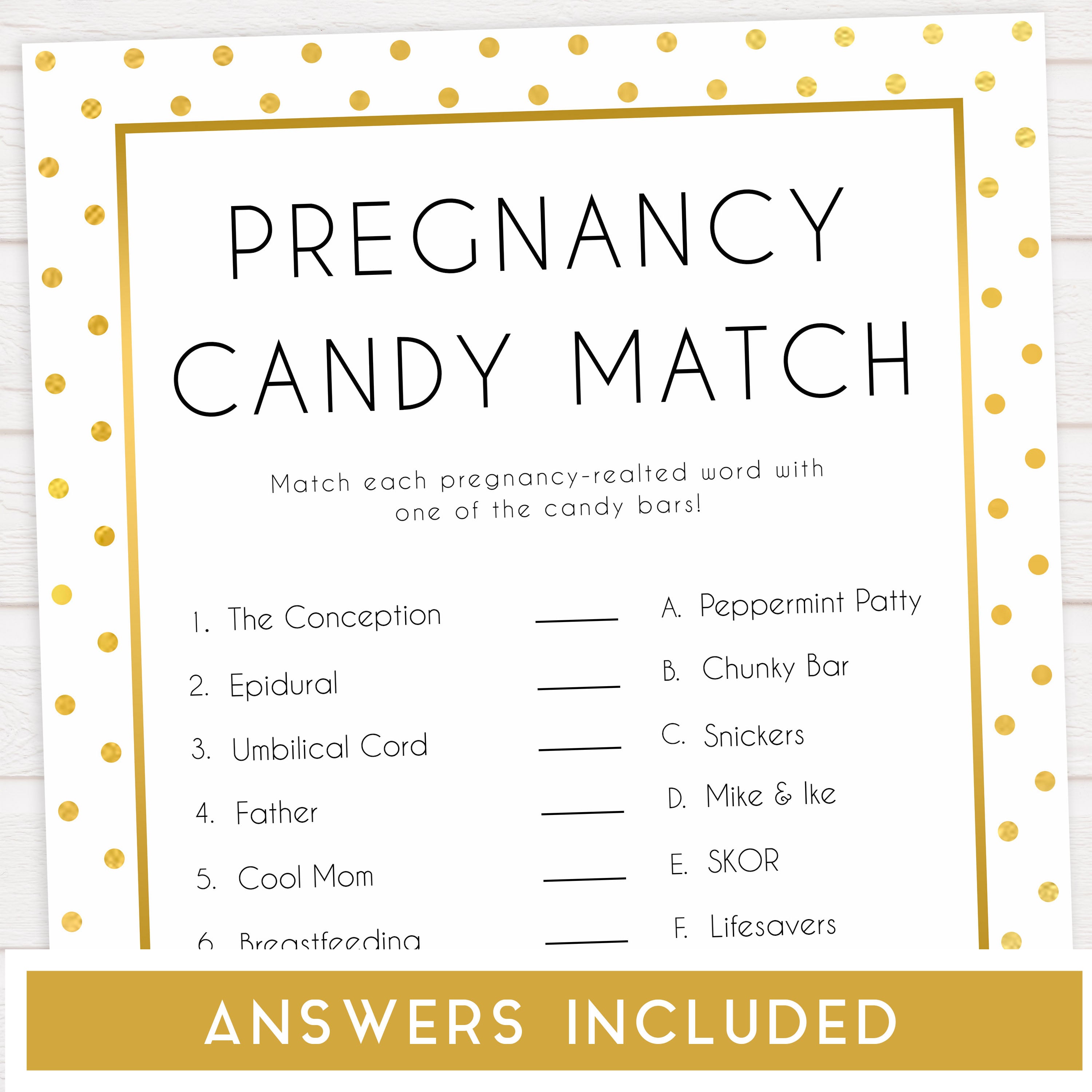pregnancy candy match game,  Printable baby shower games, baby gold dots fun baby games, baby shower games, fun baby shower ideas, top baby shower ideas, gold glitter shower baby shower, friends baby shower ideas