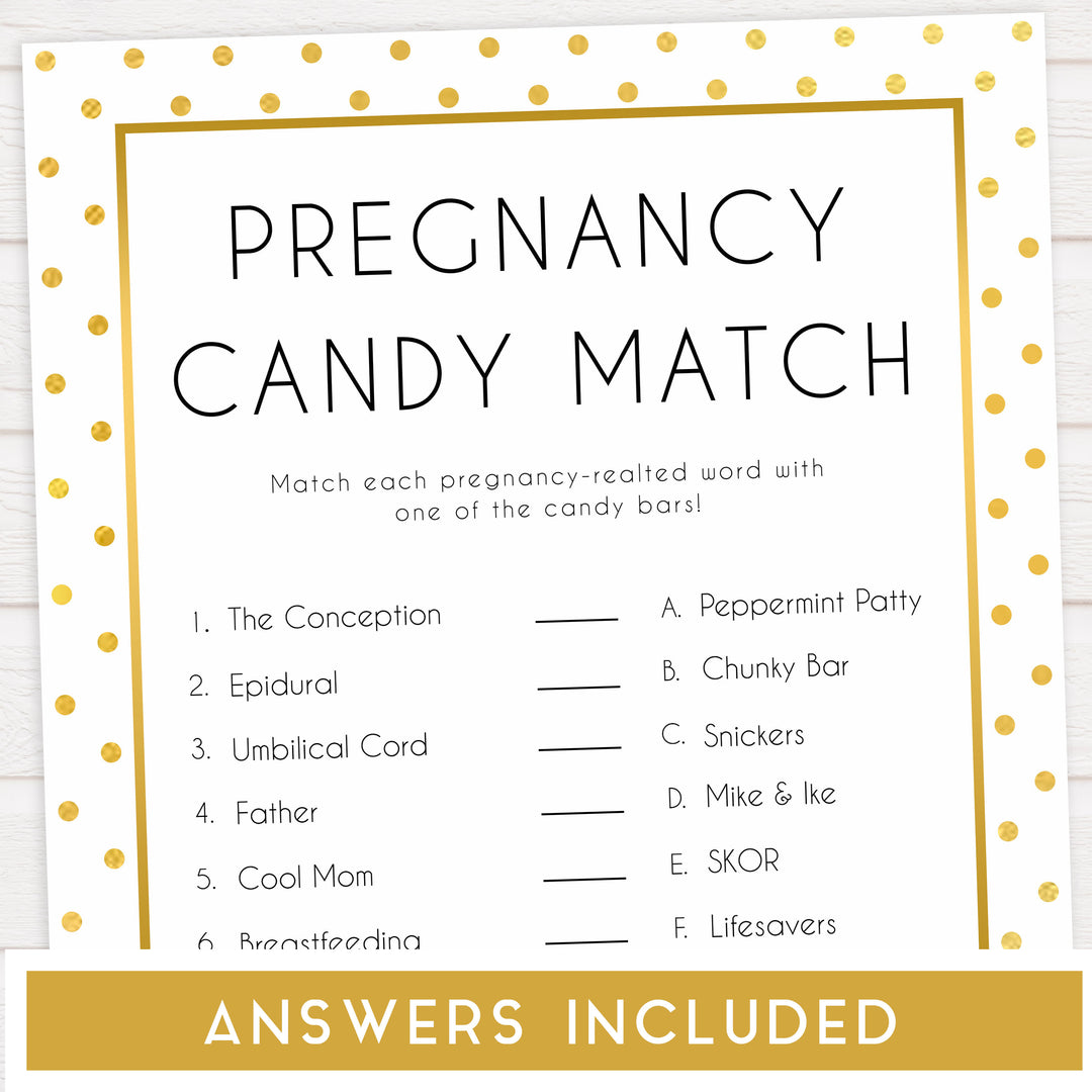 pregnancy candy match game,  Printable baby shower games, baby gold dots fun baby games, baby shower games, fun baby shower ideas, top baby shower ideas, gold glitter shower baby shower, friends baby shower ideas