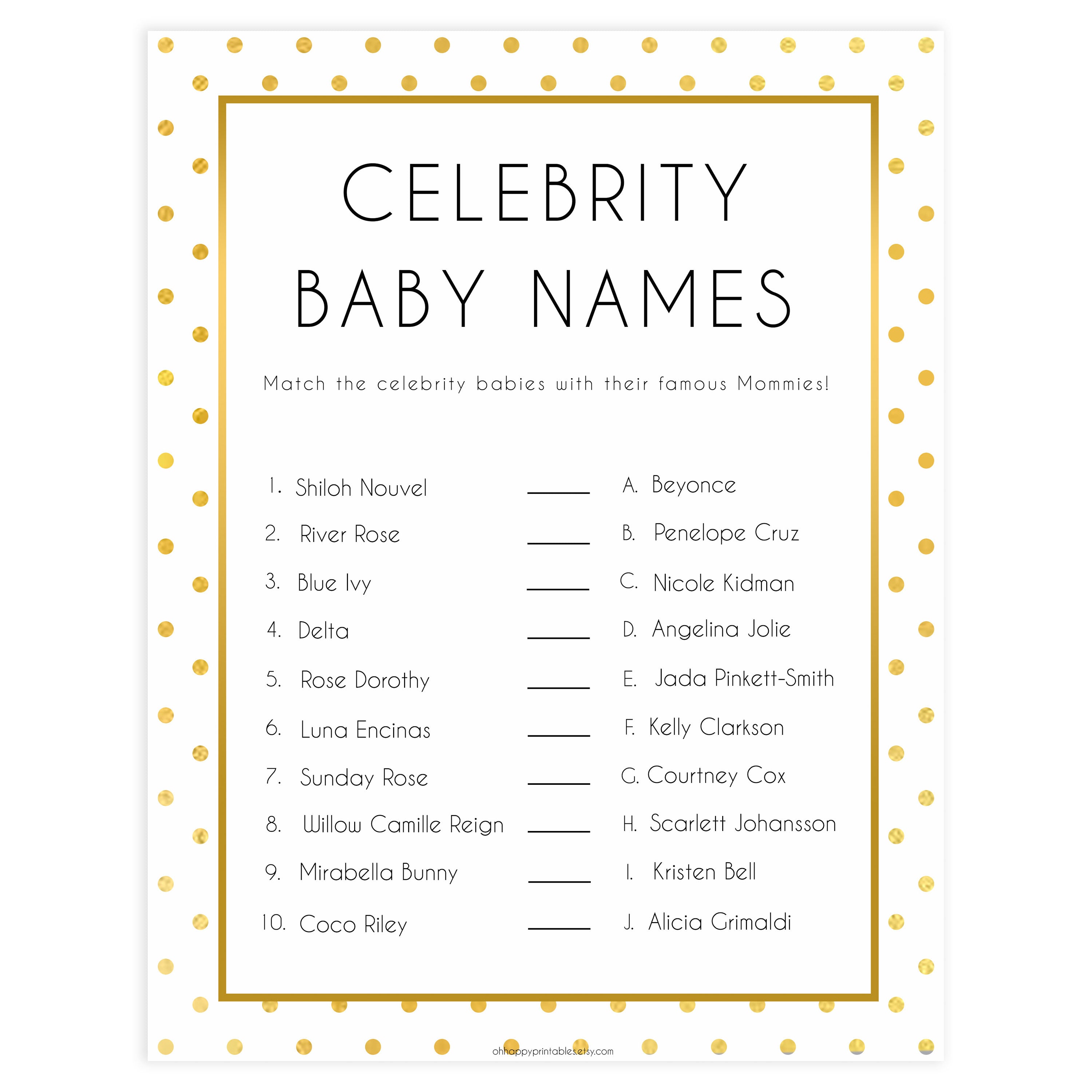celebrity baby names, Printable baby shower games, baby gold dots fun baby games, baby shower games, fun baby shower ideas, top baby shower ideas, gold glitter shower baby shower, friends baby shower ideas