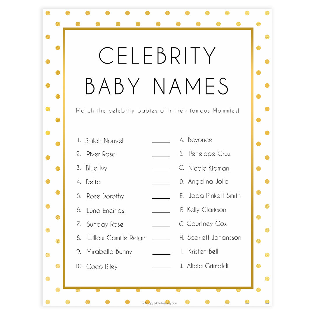 celebrity baby names, Printable baby shower games, baby gold dots fun baby games, baby shower games, fun baby shower ideas, top baby shower ideas, gold glitter shower baby shower, friends baby shower ideas