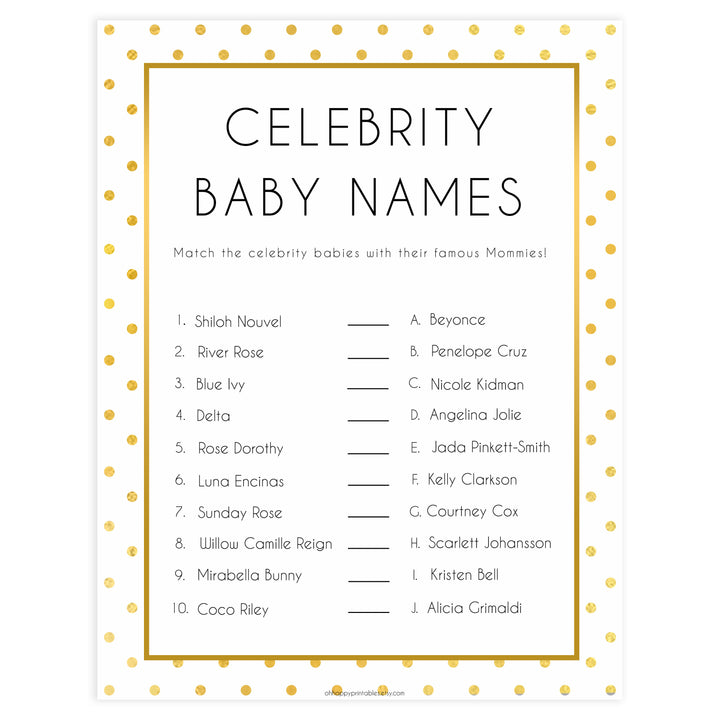 celebrity baby names, Printable baby shower games, baby gold dots fun baby games, baby shower games, fun baby shower ideas, top baby shower ideas, gold glitter shower baby shower, friends baby shower ideas