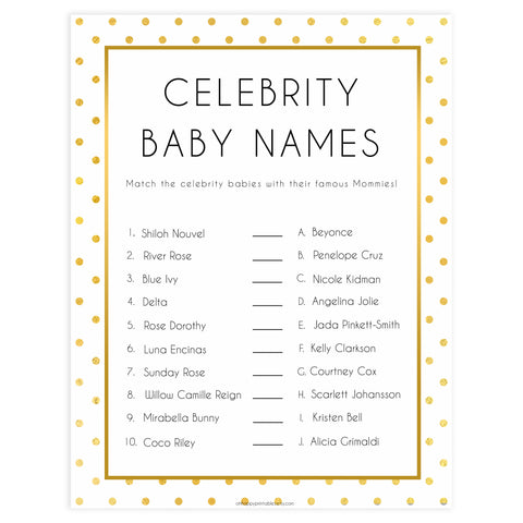 celebrity baby names, Printable baby shower games, baby gold dots fun baby games, baby shower games, fun baby shower ideas, top baby shower ideas, gold glitter shower baby shower, friends baby shower ideas
