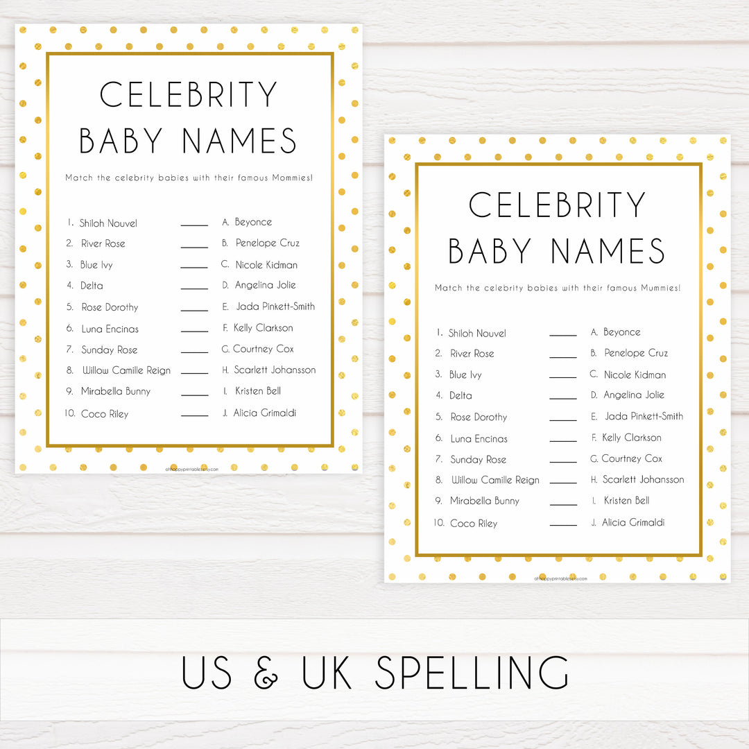 celebrity baby names, Printable baby shower games, baby gold dots fun baby games, baby shower games, fun baby shower ideas, top baby shower ideas, gold glitter shower baby shower, friends baby shower ideas