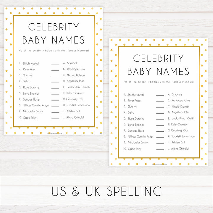 celebrity baby names, Printable baby shower games, baby gold dots fun baby games, baby shower games, fun baby shower ideas, top baby shower ideas, gold glitter shower baby shower, friends baby shower ideas