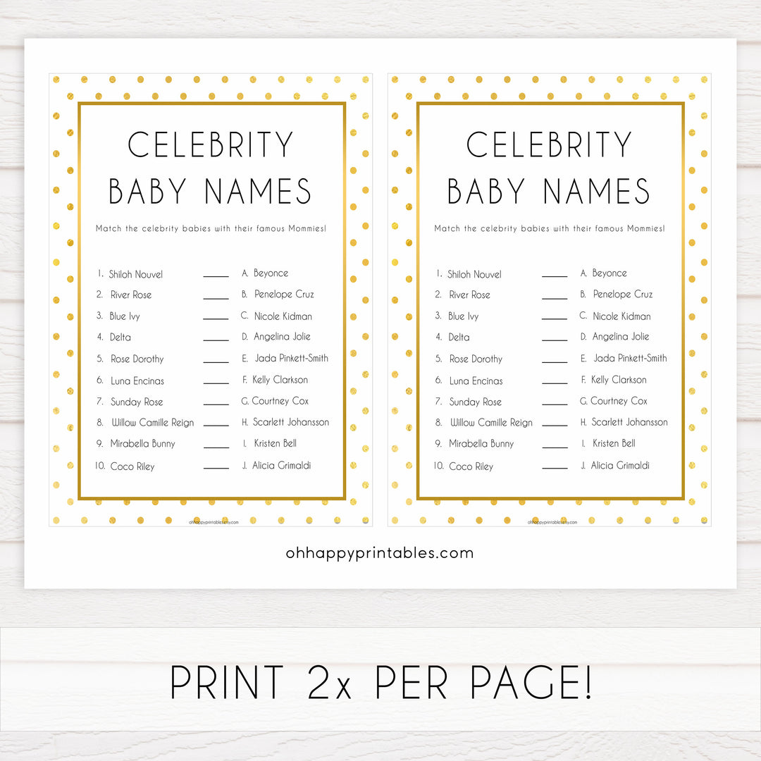 celebrity baby names, Printable baby shower games, baby gold dots fun baby games, baby shower games, fun baby shower ideas, top baby shower ideas, gold glitter shower baby shower, friends baby shower ideas