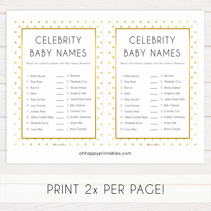 celebrity baby names, Printable baby shower games, baby gold dots fun baby games, baby shower games, fun baby shower ideas, top baby shower ideas, gold glitter shower baby shower, friends baby shower ideas