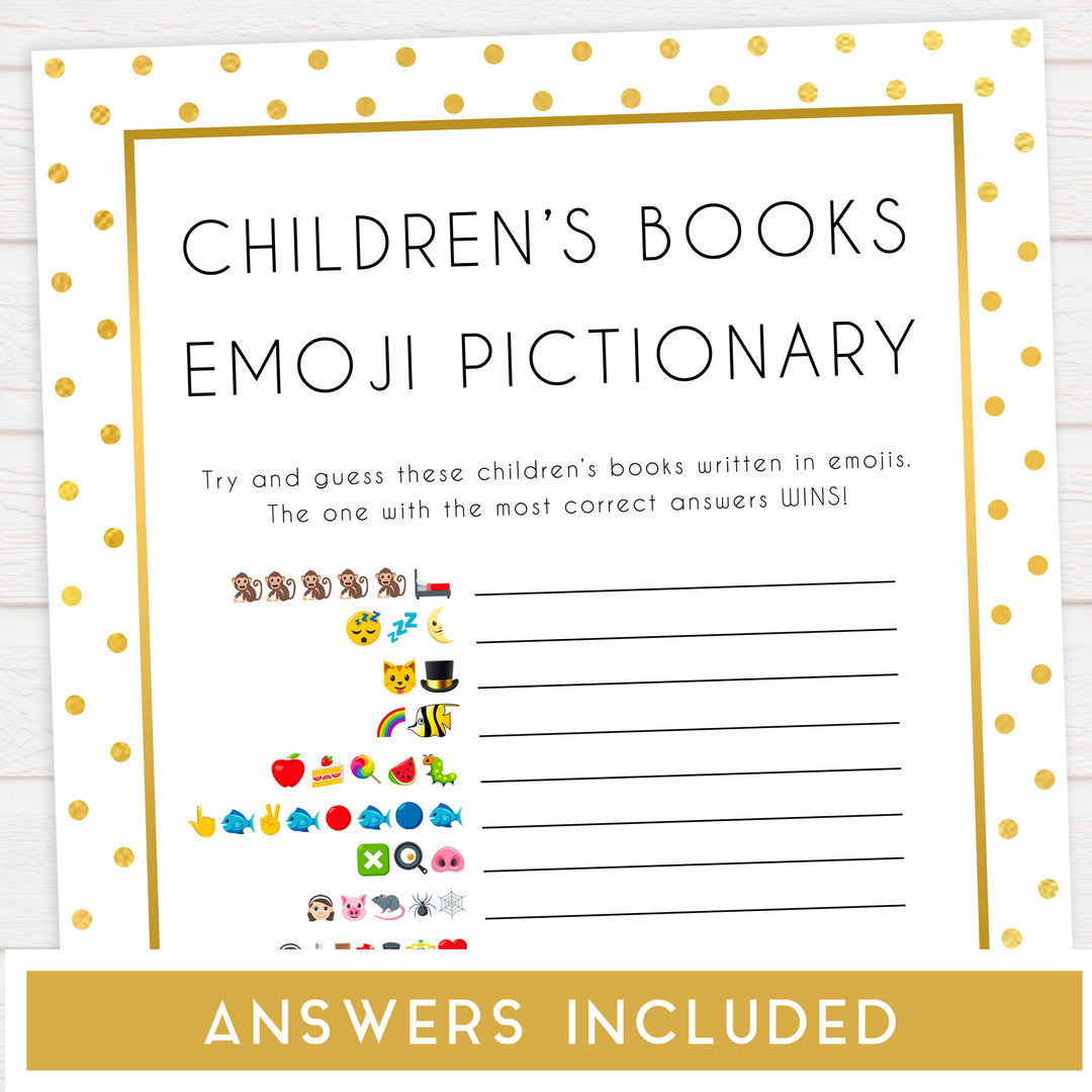 childrens books emoji pictionary, Printable baby shower games, baby gold dots fun baby games, baby shower games, fun baby shower ideas, top baby shower ideas, gold glitter shower baby shower, friends baby shower ideas