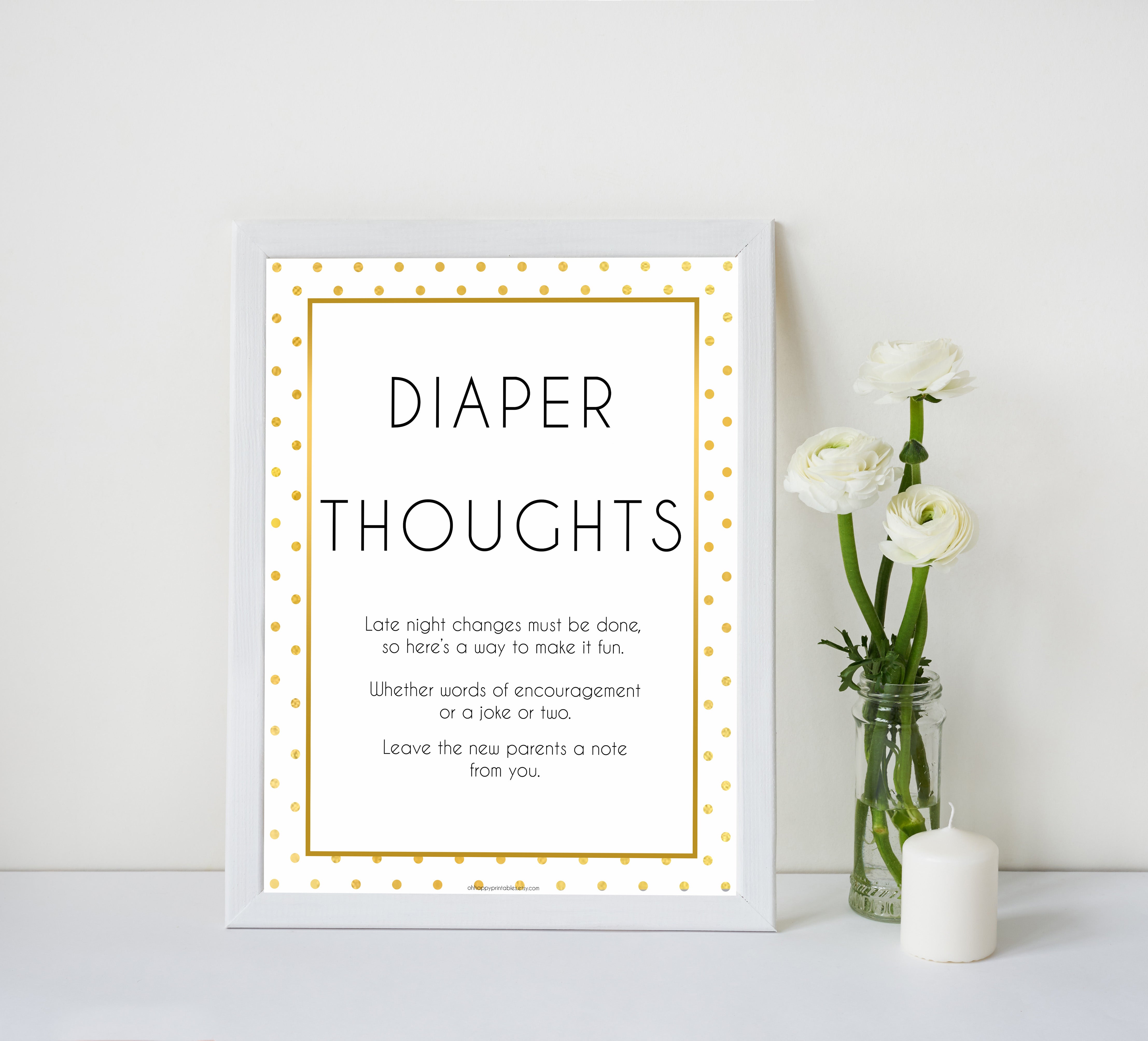 Diaper thoughts, late night diapers, Printable baby shower games, baby gold dots fun baby games, baby shower games, fun baby shower ideas, top baby shower ideas, gold glitter shower baby shower, friends baby shower ideas