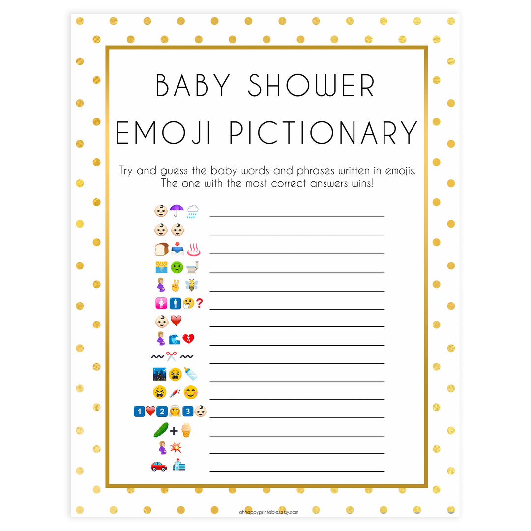 baby emoji pictionary game, Printable baby shower games, baby gold dots fun baby games, baby shower games, fun baby shower ideas, top baby shower ideas, gold glitter shower baby shower, friends baby shower ideas