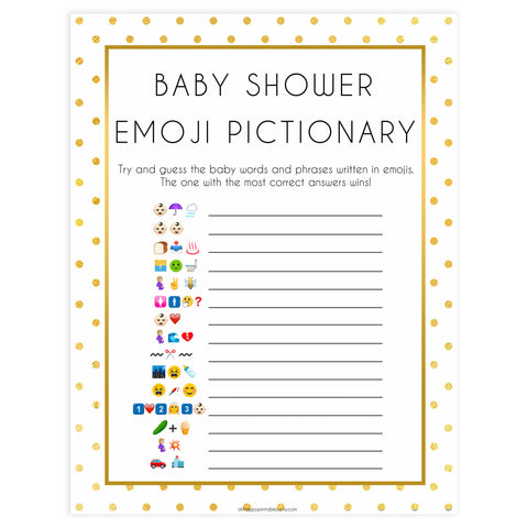 baby emoji pictionary game, Printable baby shower games, baby gold dots fun baby games, baby shower games, fun baby shower ideas, top baby shower ideas, gold glitter shower baby shower, friends baby shower ideas