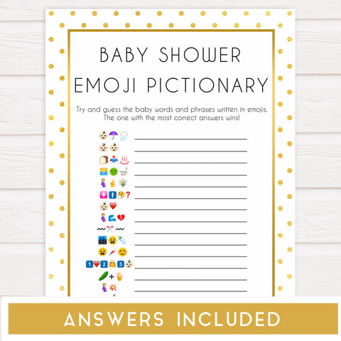 baby emoji pictionary game, Printable baby shower games, baby gold dots fun baby games, baby shower games, fun baby shower ideas, top baby shower ideas, gold glitter shower baby shower, friends baby shower ideas
