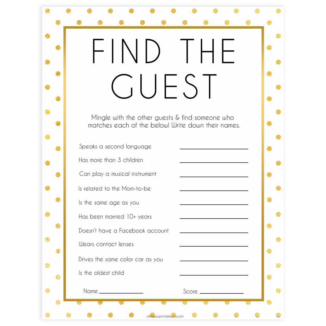 find the guest baby game, Printable baby shower games, baby gold dots fun baby games, baby shower games, fun baby shower ideas, top baby shower ideas, gold glitter shower baby shower, friends baby shower ideas