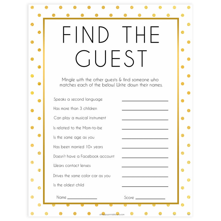 find the guest baby game, Printable baby shower games, baby gold dots fun baby games, baby shower games, fun baby shower ideas, top baby shower ideas, gold glitter shower baby shower, friends baby shower ideas