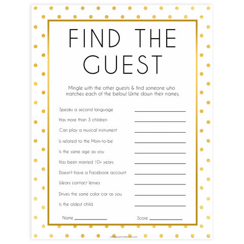find the guest baby game, Printable baby shower games, baby gold dots fun baby games, baby shower games, fun baby shower ideas, top baby shower ideas, gold glitter shower baby shower, friends baby shower ideas