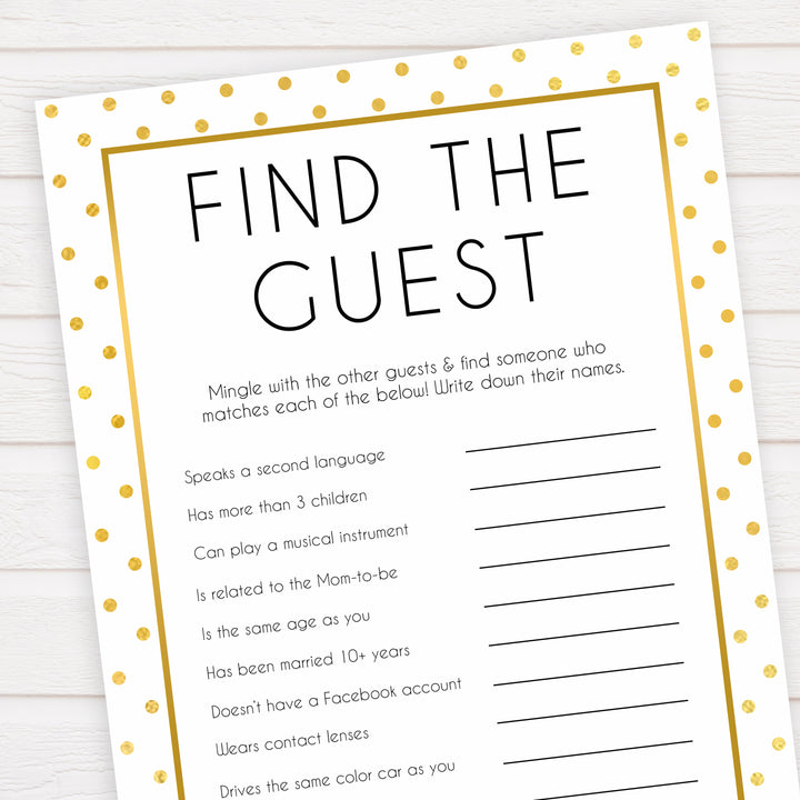 find the guest baby game, Printable baby shower games, baby gold dots fun baby games, baby shower games, fun baby shower ideas, top baby shower ideas, gold glitter shower baby shower, friends baby shower ideas